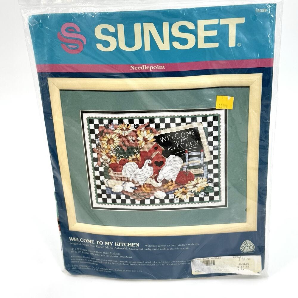 SUNSET Farm Needlepoint Kit~Chickens~Flowers~Farmhouse Kitchen~12089~Vtg 1993